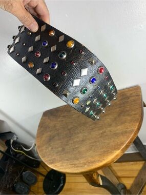 Vintage70s Wide  Leather Studded Belt MulticolorRhinstones Rock Glam Punk Biker